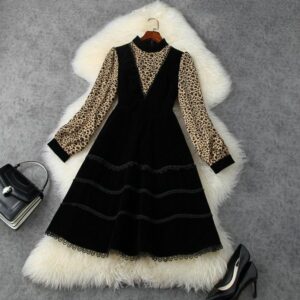 dresses european and american women's wear winter style long - sleeved standneck with leopard print fashionable velvet dress p34u