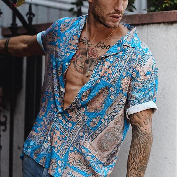 european and american men's shirts new hawaiian casual beach print short sleeves with real ps