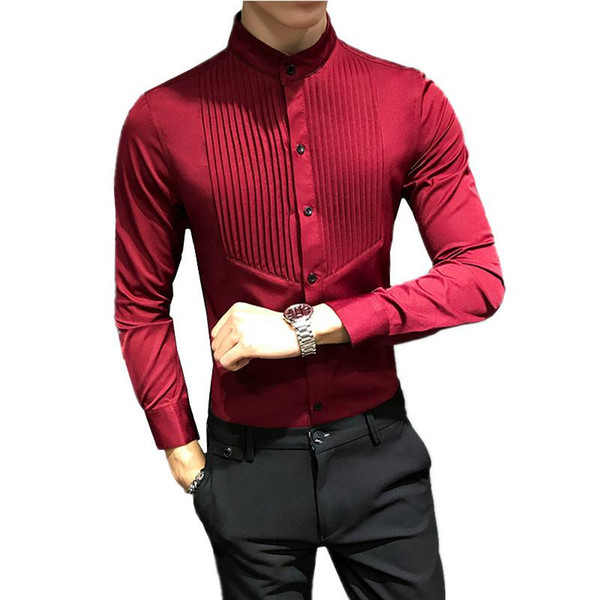 fall stand collar men dress shirt long sleeve pure color shirts mens large size 5xl camisa masculina red white black