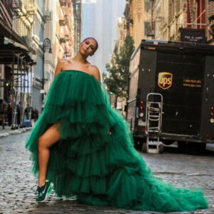 fashion african woman tulle dress prom dresses dark green tiered ruffles strapless sweep train evening gown evening dress