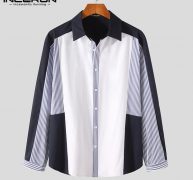 fashion men brand shirt streetwear lapel long sleeve personality striped patchwork casual korean 2021 camisas incerun s-3xl