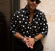 fashion men luxury shirt long sleeve white polka dot formal casual slim fit blouse gentlemen