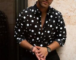 fashion men luxury shirt long sleeve white polka dot formal casual slim fit blouse gentlemen