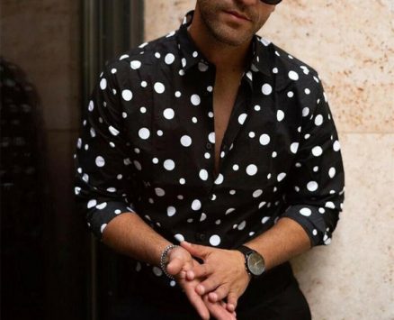 fashion men luxury shirt long sleeve white polka dot formal casual slim fit blouse gentlemen