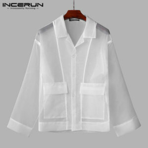 fashion men mesh shirt lapel long sleeve button pockets transparent camisas nightclub party chic men shirts streetwear incerun