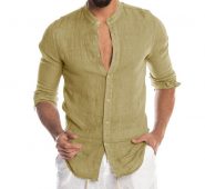 fashion men’s shirt casual o-neck button solid color beach long sleeve loose camisa masculina shirts for men homme camisa