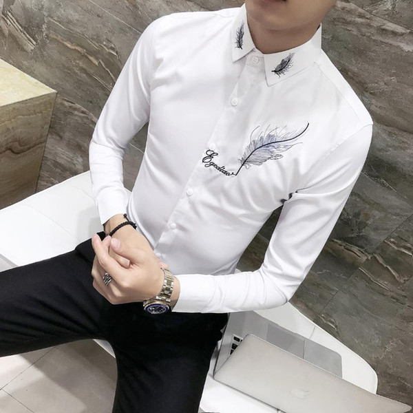 fashion shirt men party mens dress shirts long sleeve camisa social masculina men black white embroidery club shirts