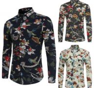 fashion solid men casual shirts floral long sleeve t-shirt long sleeve slim fit