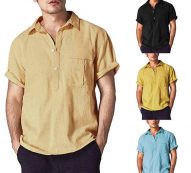 fashion summer mens casual shirts short sleeve v neck basic blouse loose thin men plus size