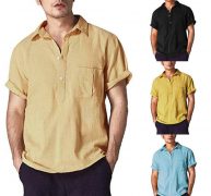 fashion summer mens casual shirts short sleeve v neck basic blouse loose thin men plus size