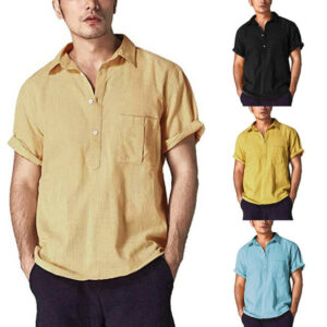 fashion summer mens casual shirts short sleeve v neck basic blouse loose thin men plus size