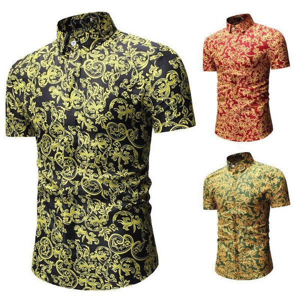 flower blouse men clothes mens dress shirts slim summer hawaiian shirt men casual short sleeve black red green camisa social