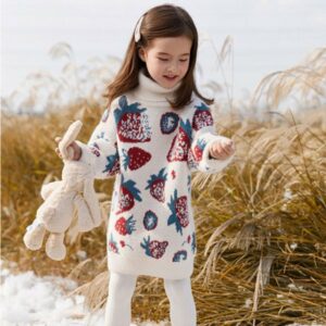 girls' dresses teenager girl spring turtleneck strawberry sweater mid-length thick winter fashion warm children's knitted bottomin