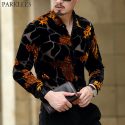 gold floral embroidery men lace shirt 2020 mens dress shirt transparent male camisa social