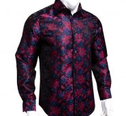 hi-tie paisley soft men’s shirts navy red floral woven long sleeve casual shirts for men silk fashion wedding dress