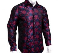hi-tie paisley soft men’s shirts navy red floral woven long sleeve casual shirts for men silk fashion wedding dress