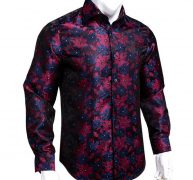 hi-tie paisley soft men’s shirts navy red floral woven long sleeve casual shirts for men silk fashion wedding dress