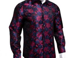 hi-tie paisley soft men’s shirts navy red floral woven long sleeve casual shirts for men silk fashion wedding dress