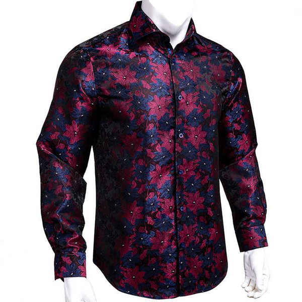 hi-tie paisley soft men's shirts navy red floral woven long sleeve casual shirts for men silk fashion wedding dress