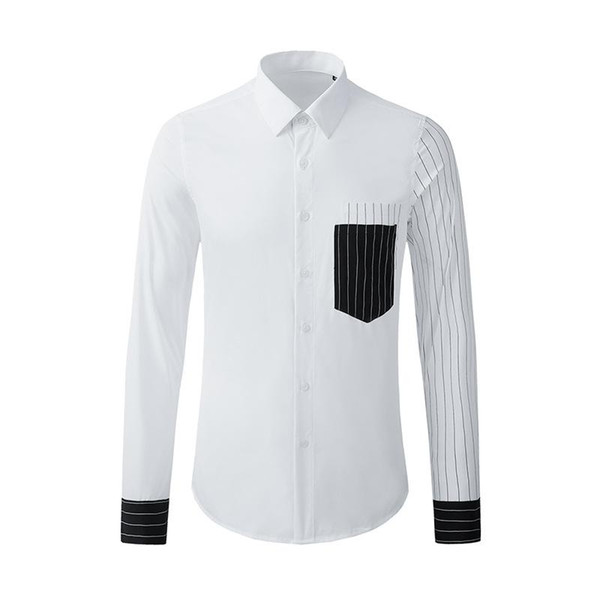 high-end men's shirt trend light luxury double pocket striped printing hand sleeve stitching male long-sleeved shirt