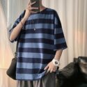hoodies cotton striped t-shirt men’s fashion casual o-neck t shirt men streetwear korean loose summer short-sleeved tshirt mens mghq