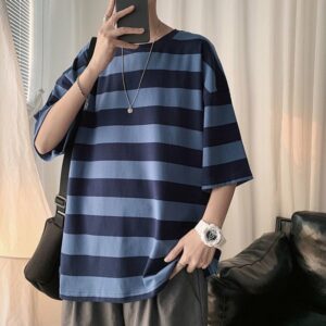 hoodies cotton striped t-shirt men's fashion casual o-neck t shirt men streetwear korean loose summer short-sleeved tshirt mens mghq