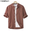 incerun 2020 men striped shirt 3/4 sleeve stand collar streetwear cotton casual brand shirts harajuku leisure camisa masculina 7