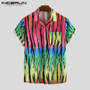 incerun 2020 printed men casual shirt short sleeve turn-down collar pockets hawaiian shirts fashion high street camisa masculina