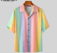 incerun 2021 men casual shirt colorful striped short sleeve lapel button blouse summer fashion streetwear hawaiian shirts s-5xl