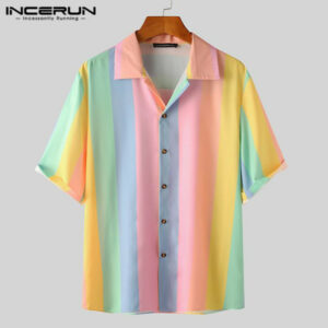 incerun 2021 men casual shirt colorful striped short sleeve lapel button blouse summer fashion streetwear hawaiian shirts s-5xl