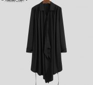 incerun fashion men irregular shirt solid color lapel button streetwear casual long shirts men long sleeve lace up korean camisa