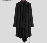 incerun fashion men irregular shirt solid color lapel button streetwear casual long shirts men long sleeve lace up korean camisa