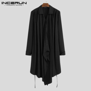 incerun fashion men irregular shirt solid color lapel button streetwear casual long shirts men long sleeve lace up korean camisa