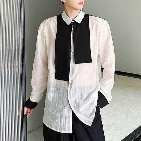 incerun fashion men patchwork shirt lapel long sleeve korean casual thin shirts 2021 see through streetwear personality camisas