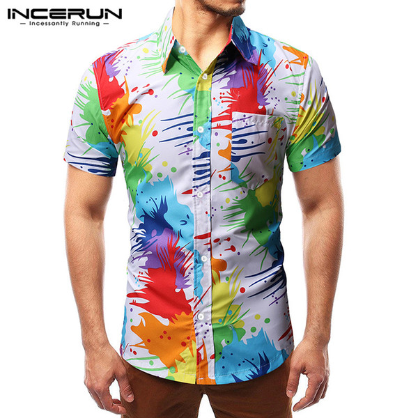 incerun men hawaiian shirt short sleeve lapel vacation 2020 casual blouse summer colorful printed mens shirts streetwear s-3xl