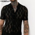 incerun men lace shirt transparent 2020 plain lapel short sleeve mesh blouse party nightclub shirts men chic slim camisa summer