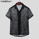 incerun men mesh shirt leopard print transparent short sleeve streetwear camisas 2020 lapel fashion party nightclub shirts