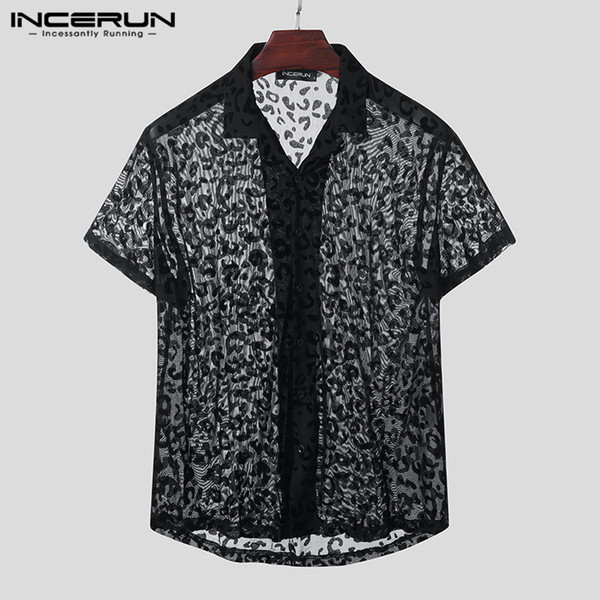 incerun men mesh shirt leopard print transparent short sleeve streetwear camisas 2020 lapel fashion party nightclub shirts