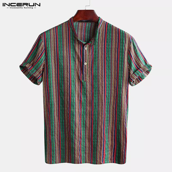 incerun men striped shirt vintage casual short sleeve stand collar streetwear breathable summer mens shirts camisas s-5xl