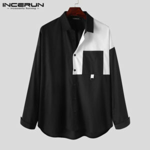 incerun spring fashion men patchwork shirt brand lapel loose streetwear blouse long sleeve button casual camisa masculina s-5xl