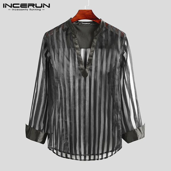 incerun striped men mesh shirt transparent streetwear deep v neck long sleeve fashion party nightclub shirts 2020 camisas