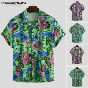 incerun summer men hawaiian shirt short sleeve printed 2020 casual turn-down collar streetwear blouse fashion mens beach shirts