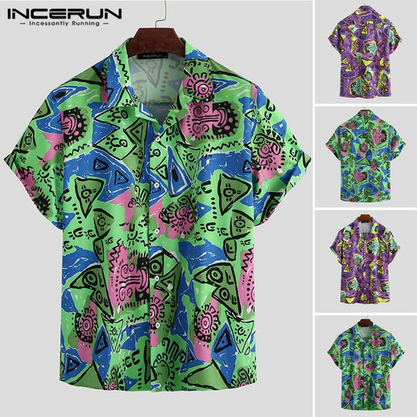 incerun summer men hawaiian shirt short sleeve printed 2020 casual turn-down collar streetwear blouse fashion mens beach shirts