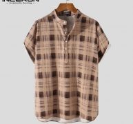 incerun summer men plaid shirt stand collar short sleeve button streetwear casual hawaiian shirts breathable vintage camisa 2021