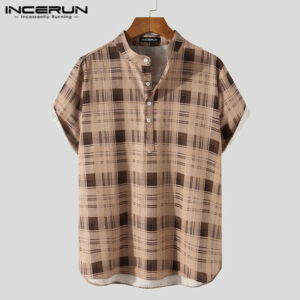 incerun summer men plaid shirt stand collar short sleeve button streetwear casual hawaiian shirts breathable vintage camisa 2021