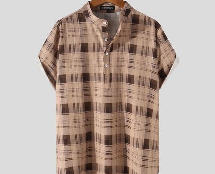 incerun summer men plaid shirt stand collar short sleeve button streetwear casual hawaiian shirts breathable vintage camisa 2021