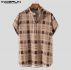 incerun summer men plaid shirt stand collar short sleeve button streetwear casual hawaiian shirts breathable vintage camisa 2021