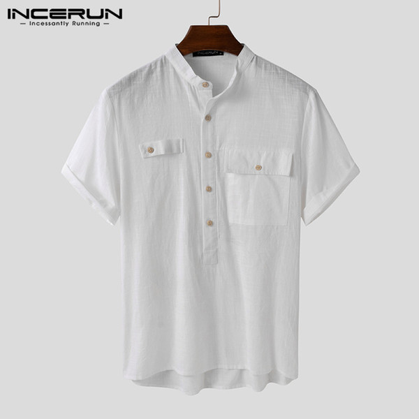 incerun summer solid color men casual shirt cotton brand stand collar short sleeve 2020 leisure streetwear camisas harajuku