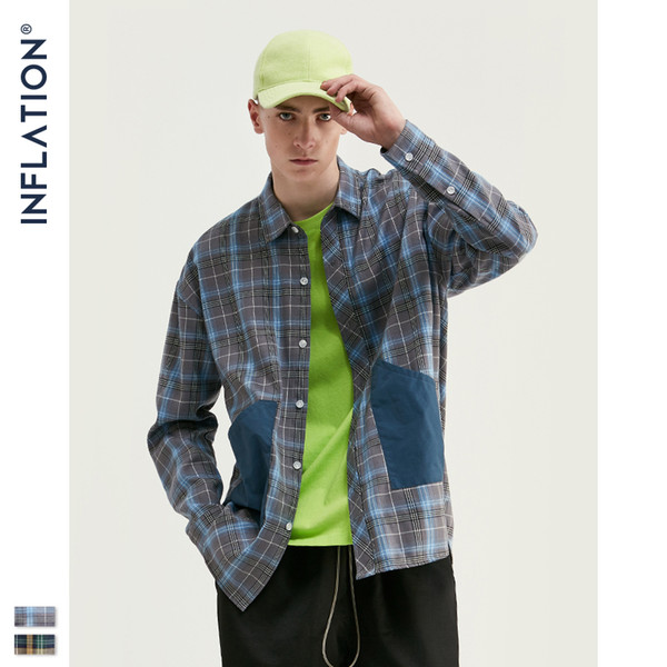 inflation 2020 autumn men plaid shirt streetwear oversized long sleeve men shirts classic color contrast pockets shirt 9294w