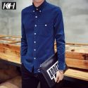 kh spring new men’s shirt fashion casual long-sleeved solid color corduroy shirts turn-down collar shirt 8 colors